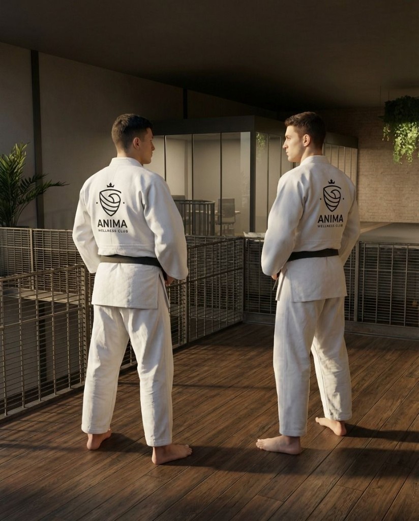 Praticantes com kimonos ANIMA no mezanino do clube