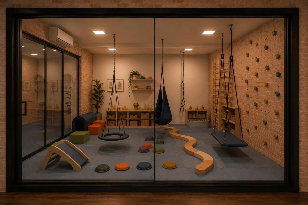 Sala sensorial infantil da ANIMA com balanços, parede de escalada e circuito motor