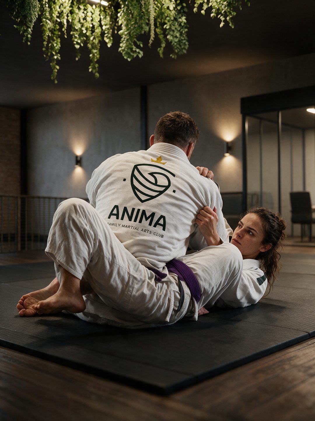 Treino de jiu-jítsu no tatame com kimono ANIMA